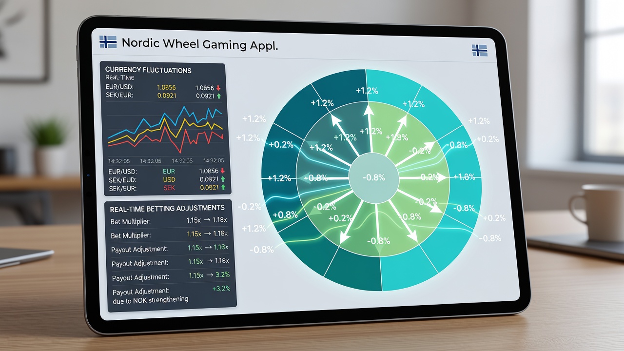 Real-time betting dashboard in a Nordic wheel gaming app showing live currency rate overlays